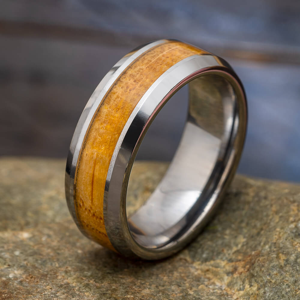 Tungsten Wedding Band with Whiskey Barrel Oak