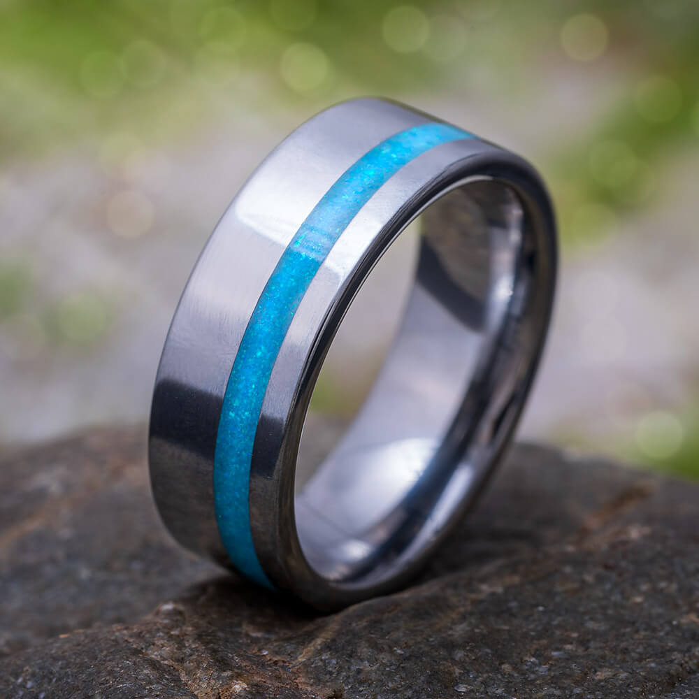 Tungsten Wedding Band with Opal Inlay