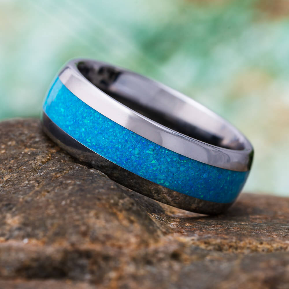 Round Tungsten Wedding Band with Opal Inlay