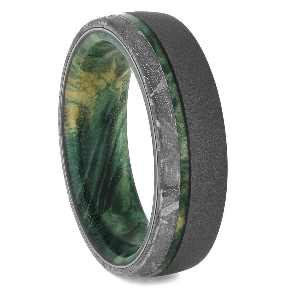 Sandblasted Men's Wedding Band With Green Box Elder Wood And Meteorite-3858 - Jewelry by Johan