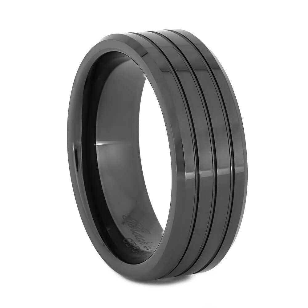 Mens Wedding Band in Black Ceramic with Grooves-JIRMCA004506 - Jewelry by Johan