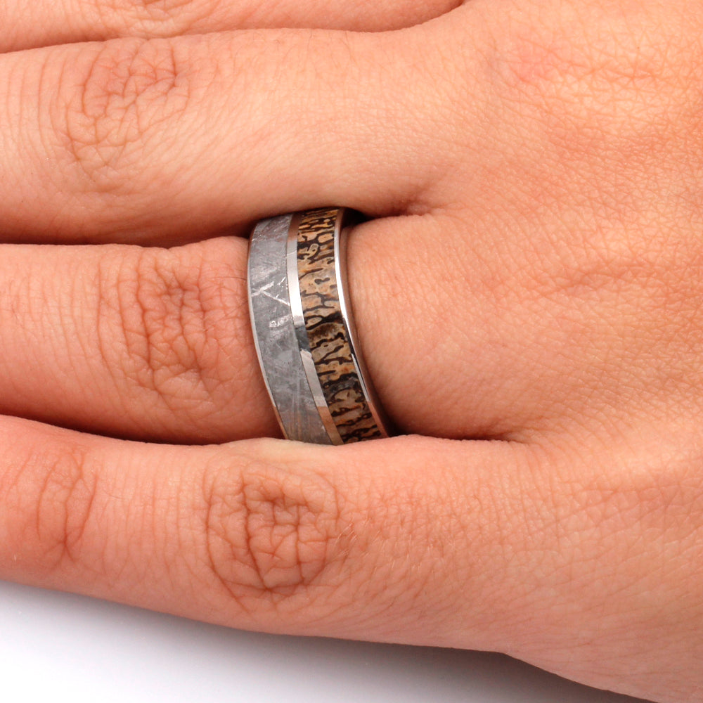 Meteorite Ring, Dinosaur Bone Wedding Band With Whiskey Barrel Sleeve-3426 - Jewelry by Johan