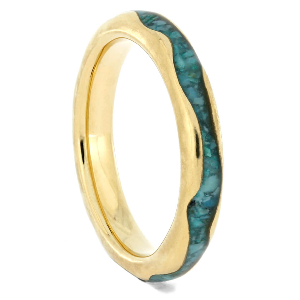 Wavy Yellow Gold Ring With Crushed Turquoise Inlay