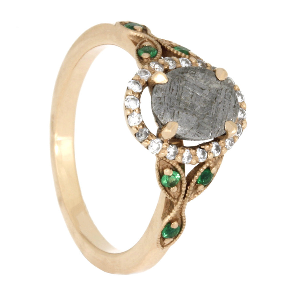 14k Rose Gold Halo Engagement Ring, Faceted Meteorite with Diamonds and Emeralds Size 6-RS10422 - Jewelry by Johan