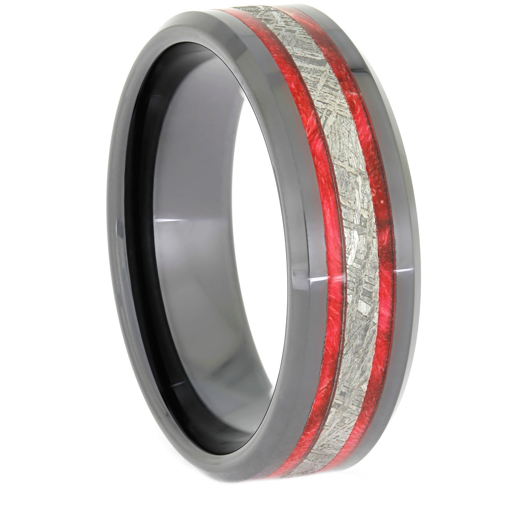 Black Ceramic Wedding Band, Red Box Elder and Meteorite Ring, Size 13.25-RS10511 - Jewelry by Johan