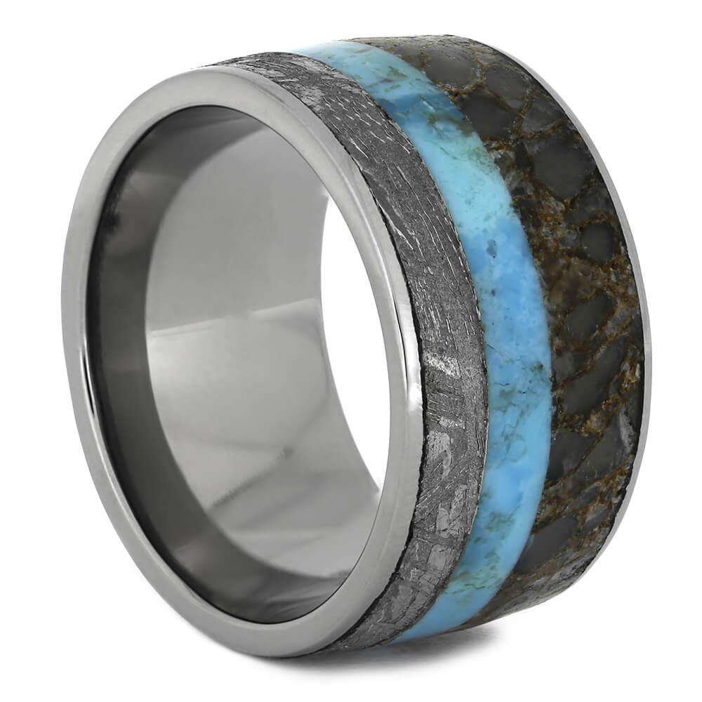 Meteorite Ring With Turquoise and Fossil Inlays