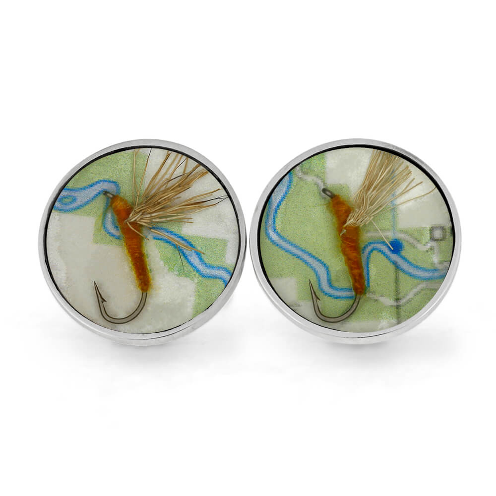Fishing Themed Cuff Links with Fly Lure and Map-RS10999 - Jewelry by Johan