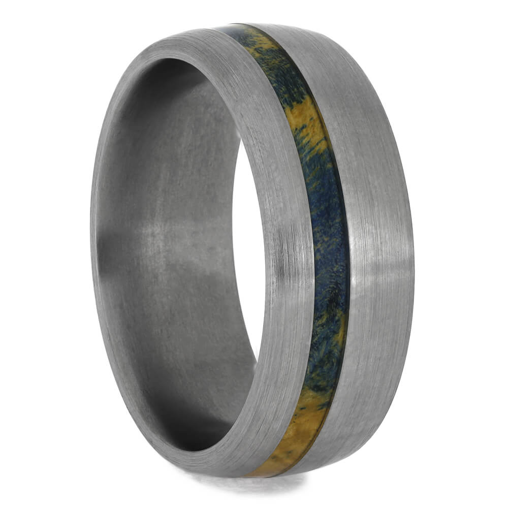 Blue Box Elder Wood Ring With Brushed Titanium