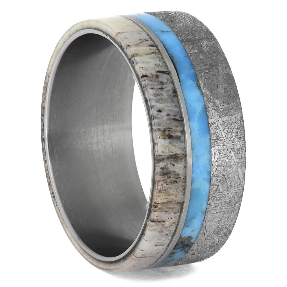 Men's Turquoise Ring With Antler and Meteorite