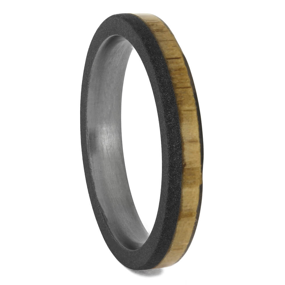 Narrow Oak Wood Ring With Sandblasted Titanium Finish