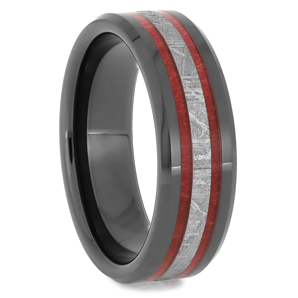 Black Wedding Band with Red Box Elder and Meteorite, Size 13-RS11582 - Jewelry by Johan
