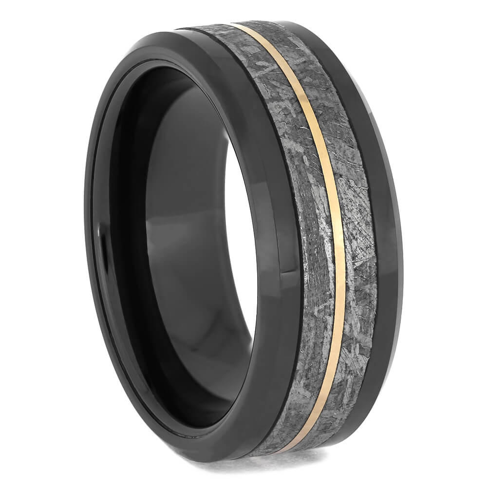 Black Ceramic Wedding Band with Meteorite Center