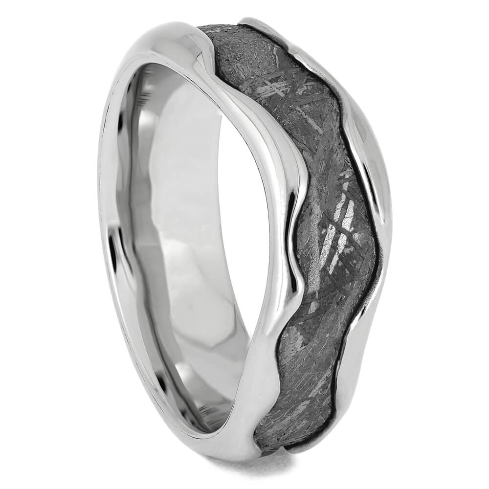 Wavy Platinum and Meteorite Wedding Bands