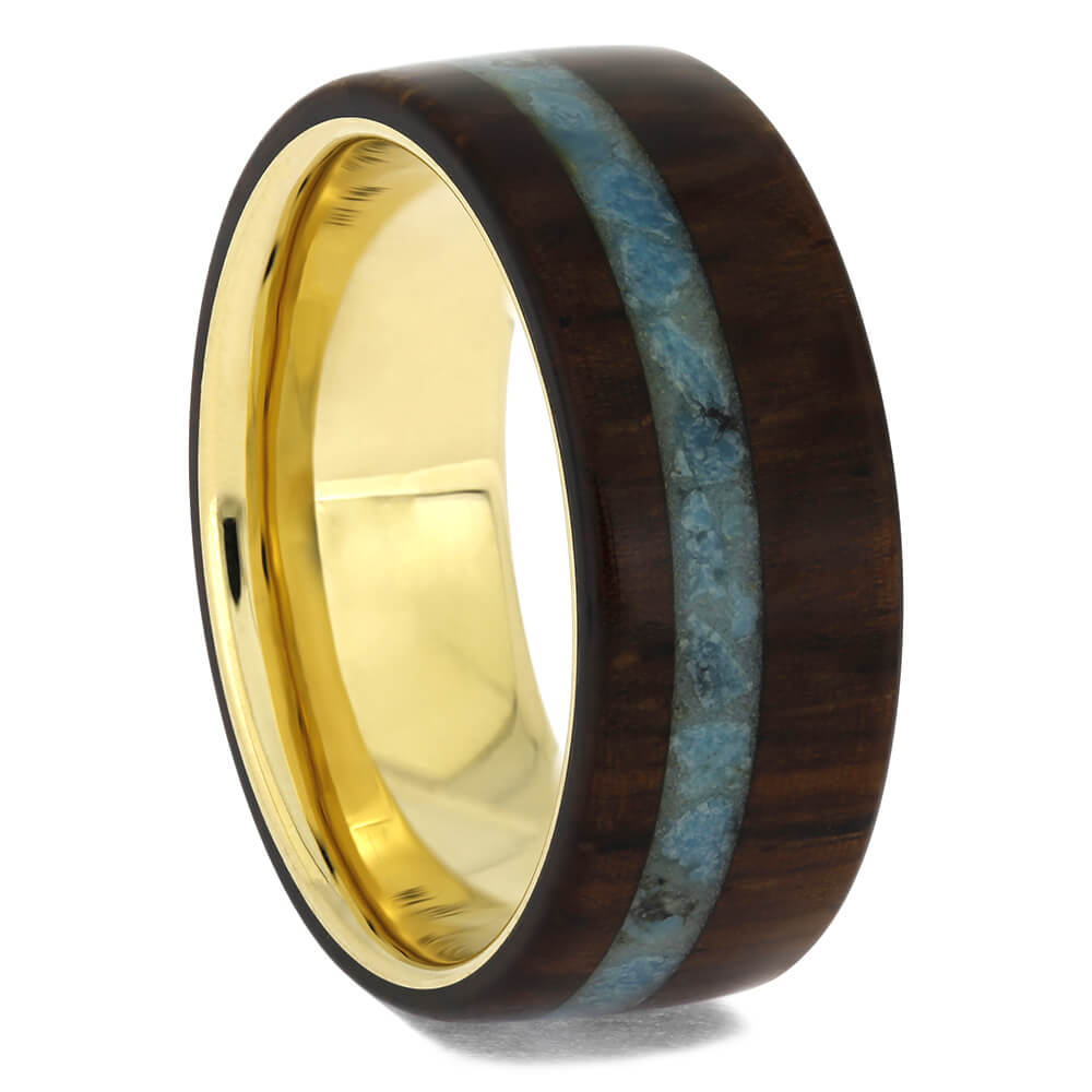 Turquoise and Wood Wedding Band with Yellow Gold