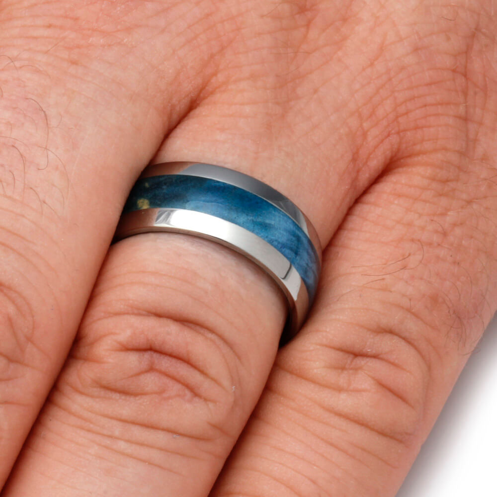 Blue Box Elder Burl Wood Ring, Titanium Wedding Band-2511 - Jewelry by Johan