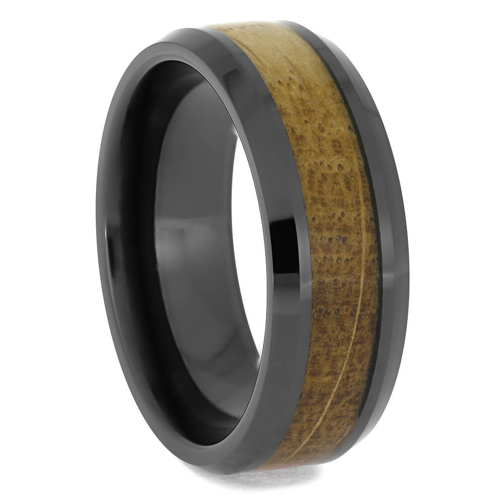 Black Ceramic Wedding Band with Whiskey Wood