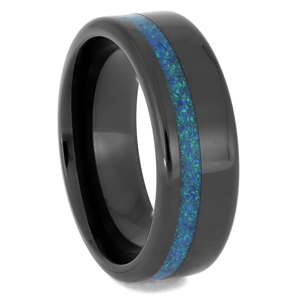 Black Ceramic Wedding Band with Opal Inlay