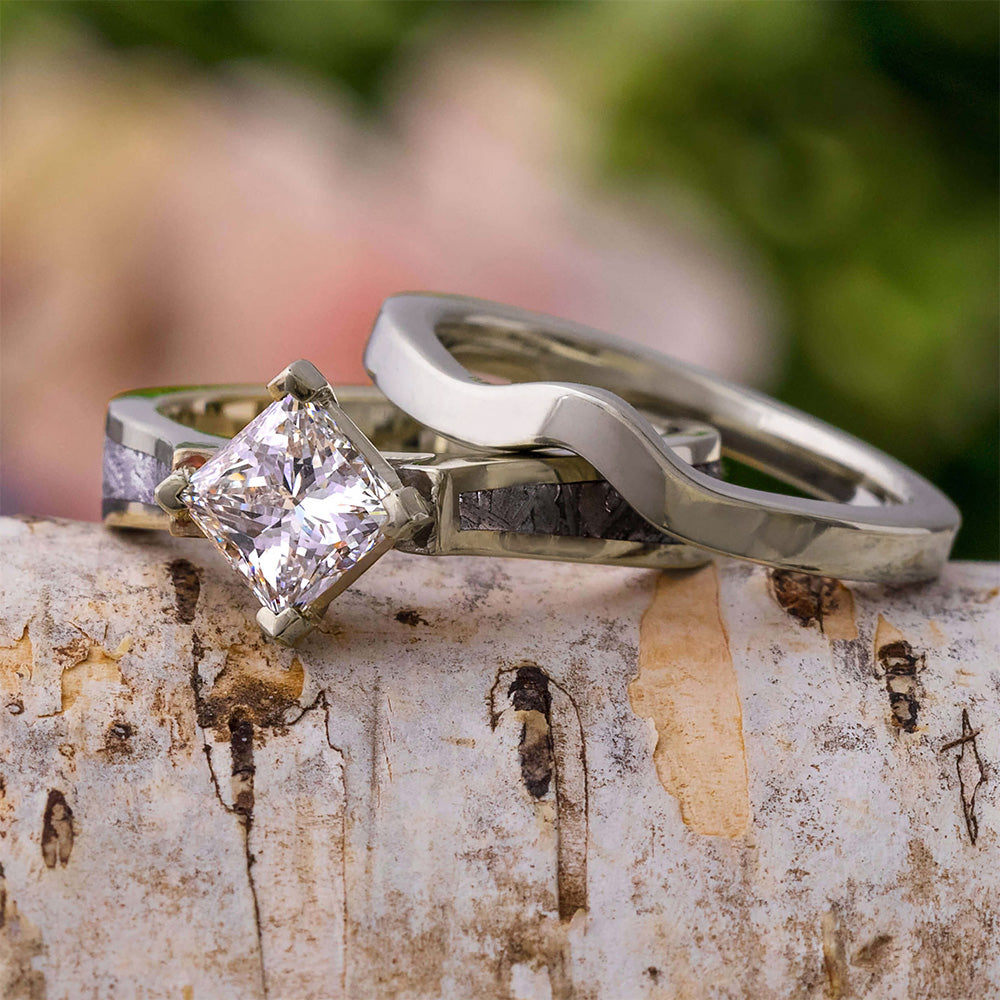 Meteorite Bridal Set, Solitaire Engagement Ring & Shadow Band 