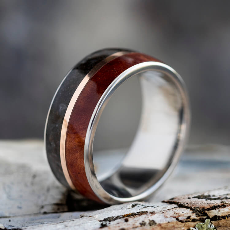 Wood and Dinosaur Bone Wedding Band With Rose Gold-3689 - Jewelry by Johan