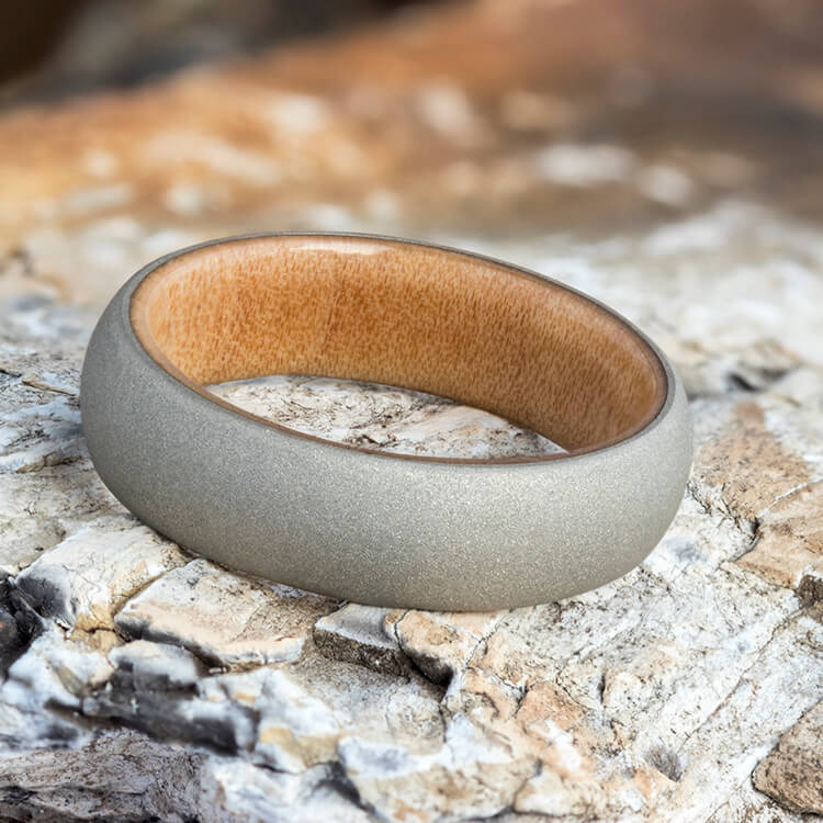 Sandblasted White Gold Ring, Wedding Band With Bamboo Wood Sleeve-3716 - Jewelry by Johan