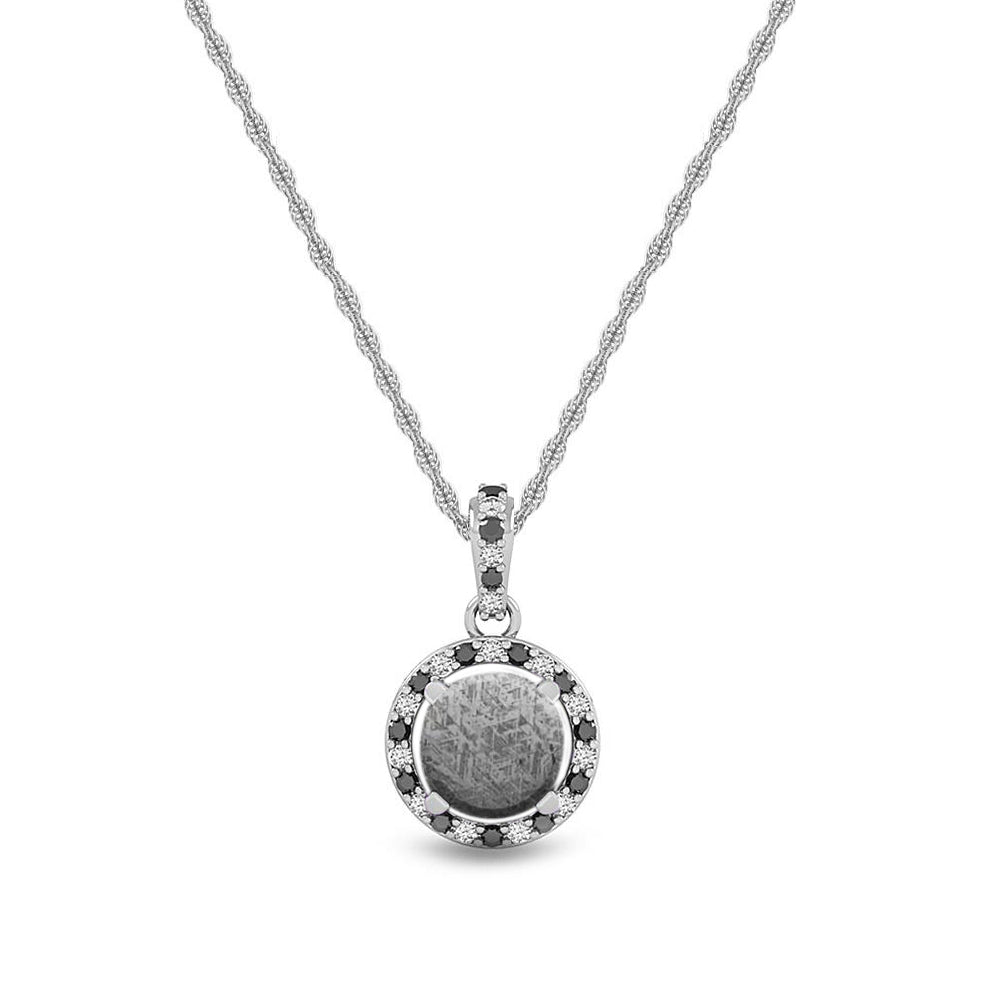 Black & White Diamond Halo Necklace With Meteorite Stone 