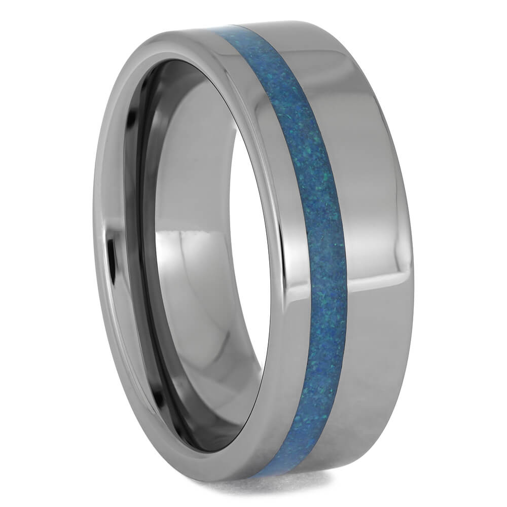 Polished Tungsten Band with Blue Opal