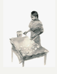 Auroville catalogue- sketch of a woman pressing leaves on paper