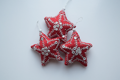 Red star hand embroidered Christmas decoration with mirror work