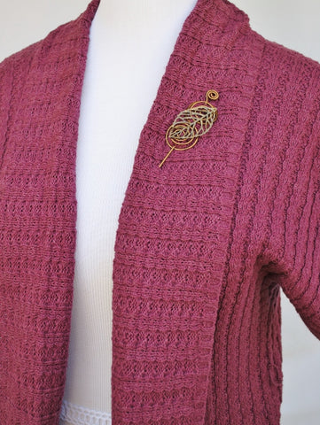 Cardigan with Bronze Leaf Shawl Pin