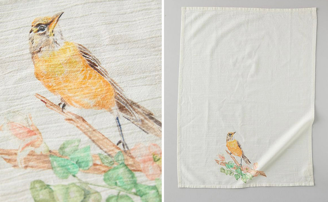 Botanic Bird Watercolor Tea Towel for Anthropologie