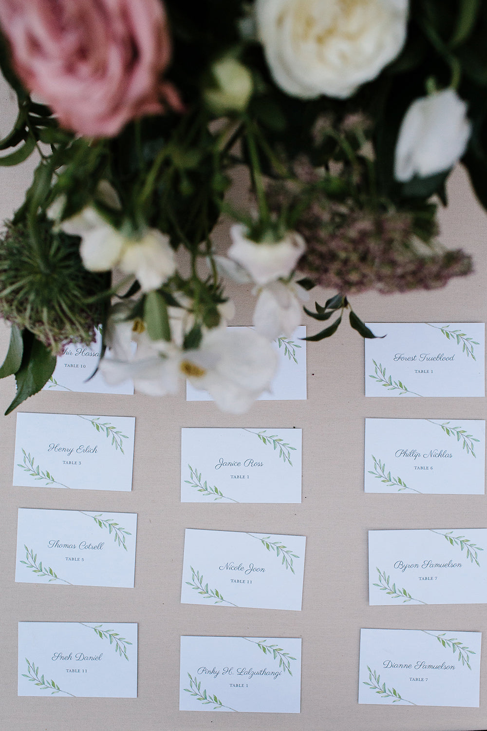 Greenery escort cards illustrated by Lana's Shop