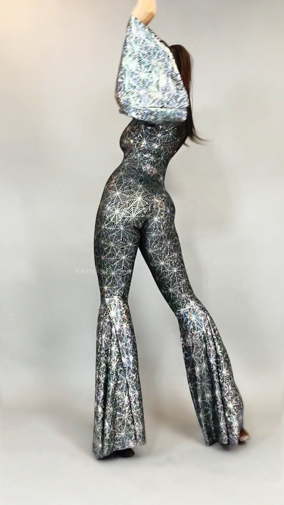 metallic bell bottom jumpsuit