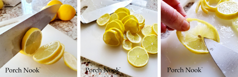 How to make candied lemon peels recipe, by Porch Nook. Cut lemons into ¼-inch thick slices, remove fruit pulp.