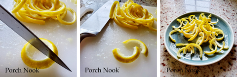 How to make candied lemon peels recipe, by Porch Nook. Cut the peel rings in half to create bite sized strips.