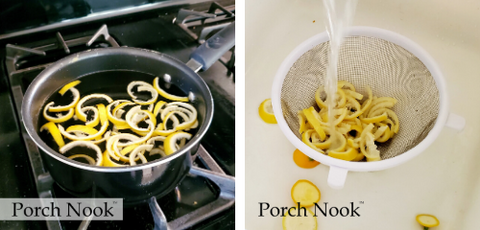 How to make candied lemon peels recipe, by Porch Nook. Bring cold water and lemon peel to a boil in a small pan. Drain water*, and repeat 2 more times with fresh cold water. Drain and set peels aside.