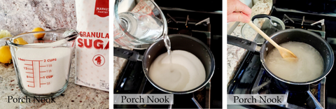 How to make candied lemon peels recipe, by Porch Nook. Combine 2 cups fresh water with 2 cups sugar. Bring to a boil, stirring to dissolve the sugar.