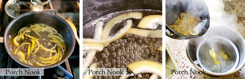 How to make candied lemon peels recipe, by Porch Nook. Reduce heat to medium-low and stir in peels; simmer until the white pith is translucent.