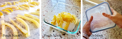 How to make candied lemon peels recipe, by Porch Nook. To keep peels soft, store with the sugar syrup and refrigerate. To dry the peels, drain syrup and allow candied peels to dry for 15 minutes, then toss with additional sugar and store airtight at room temperature.