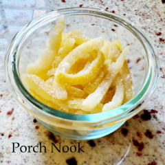 How to make candied lemon peels recipe, by Porch Nook. Peels not candied last for roughly 1 week refrigerated in an airtight container. Candied peels will last for months, and a little longer if you dust them with sugar. They taste like chewy lemon drops. We eat them as is, with coffee, or on cupcakes. You can even dip them in white or dark chocolate to give them a little extra za-za-zing!