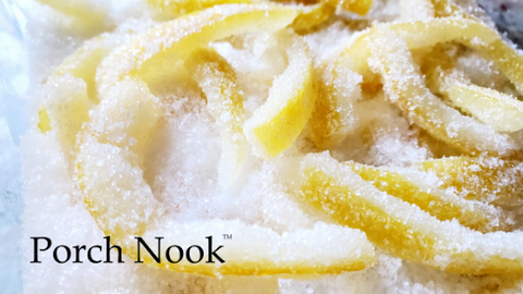 How to make candied lemon peels recipe, by Porch Nook. Peels not candied last for roughly 1 week refrigerated in an airtight container. Candied peels will last for months, and a little longer if you dust them with sugar. They taste like chewy lemon drops. We eat them as is, with coffee, or on cupcakes. You can even dip them in white or dark chocolate to give them a little extra za-za-zing!