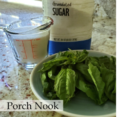 Basil syrup for lemonade recipe, by Porch Nook. It has a strong basil taste with a hint of sweetness. In addition to lemonade, I also use it in iced tea, cocktails, on fresh fruit (strawberries, blueberries, melon and pineapple) or lemon sorbet.
