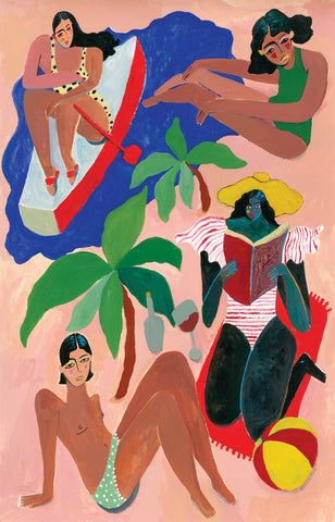 Painting of figures by Ana Leovy by the beach with pink backdrop