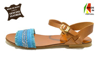 Women's Blue Leather and Textile Sandal with Flat Heel