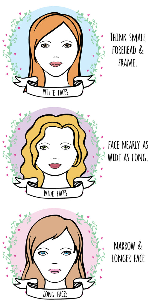 Find your face shape: Petite Faces: think small forehead & frame. Wide Faces: Face nearly as wide as long. Long Faces: Narrow & longer face. 