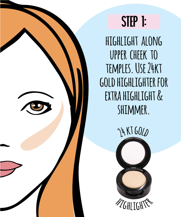 Step 1: Highlight along upper cheek to temples. Use 24Kt Gold highlighter for extra highlight & shimmer. 