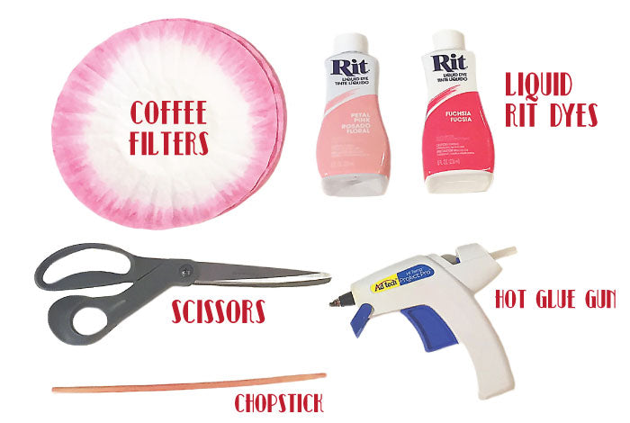 Supplies: Coffee filters, liquid RIT dyes, scissors, chopsticks, hot glue gun
