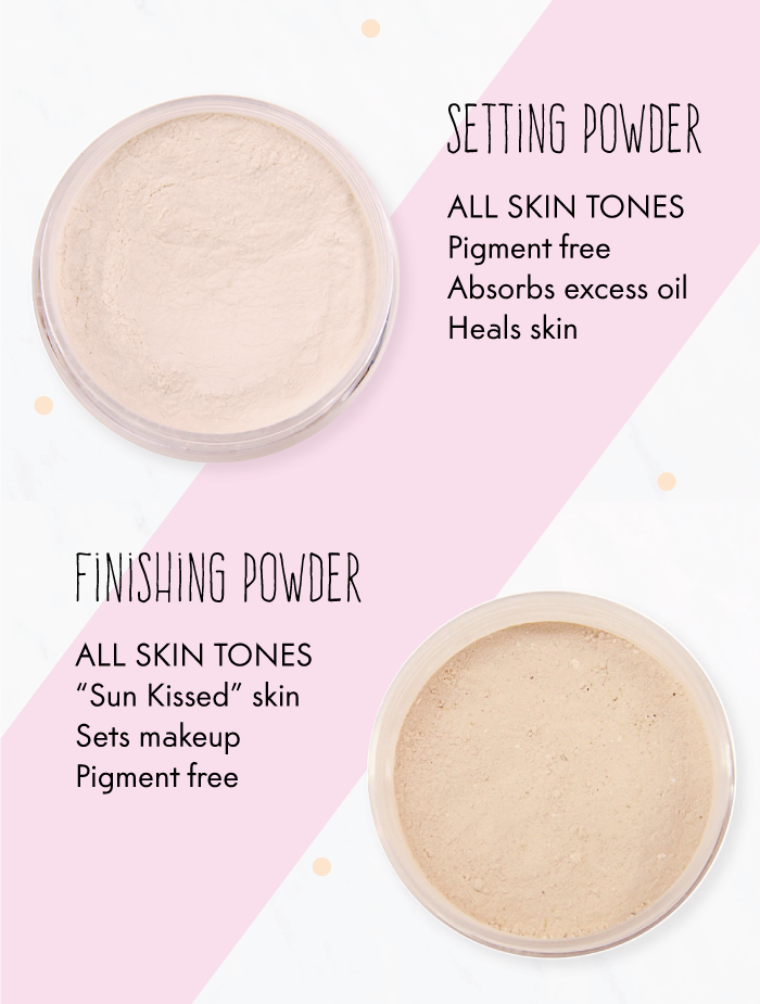 Setting Powder: For all skin tones, pigment free, absorbs excess oil & heals skin. Finishing powder: for all skin tones, Sun kissed skin, sets makeup & is pigment free.