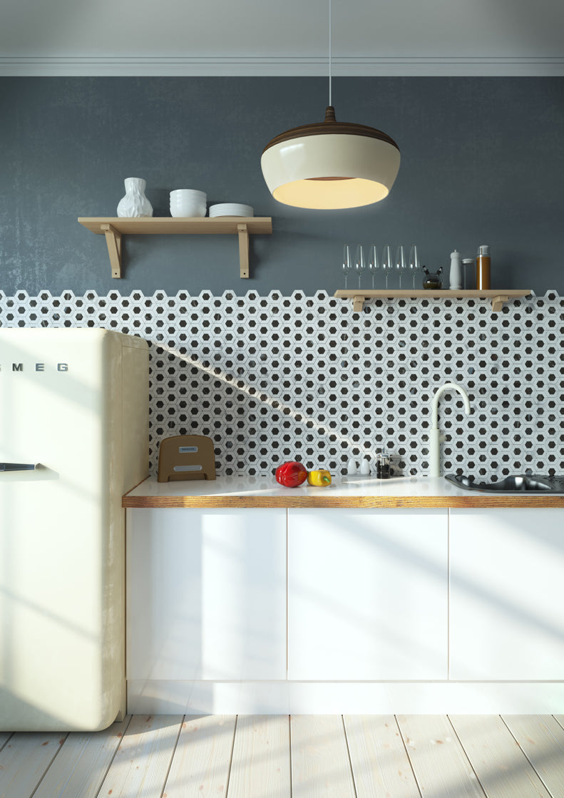 Retro Inspired Minimalist Kitchen Tile Ideas with a Hexagon Backsplash and Open Shelves