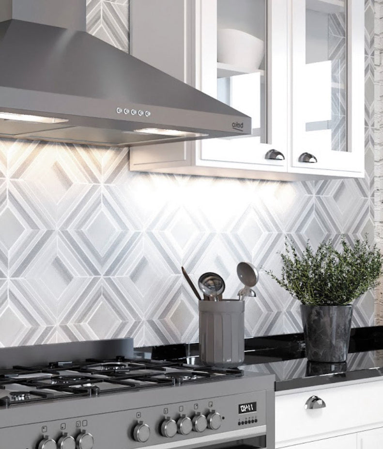 Modern Gray Minimalist Kitchen Tile with Diamond  Pattern Backsplash