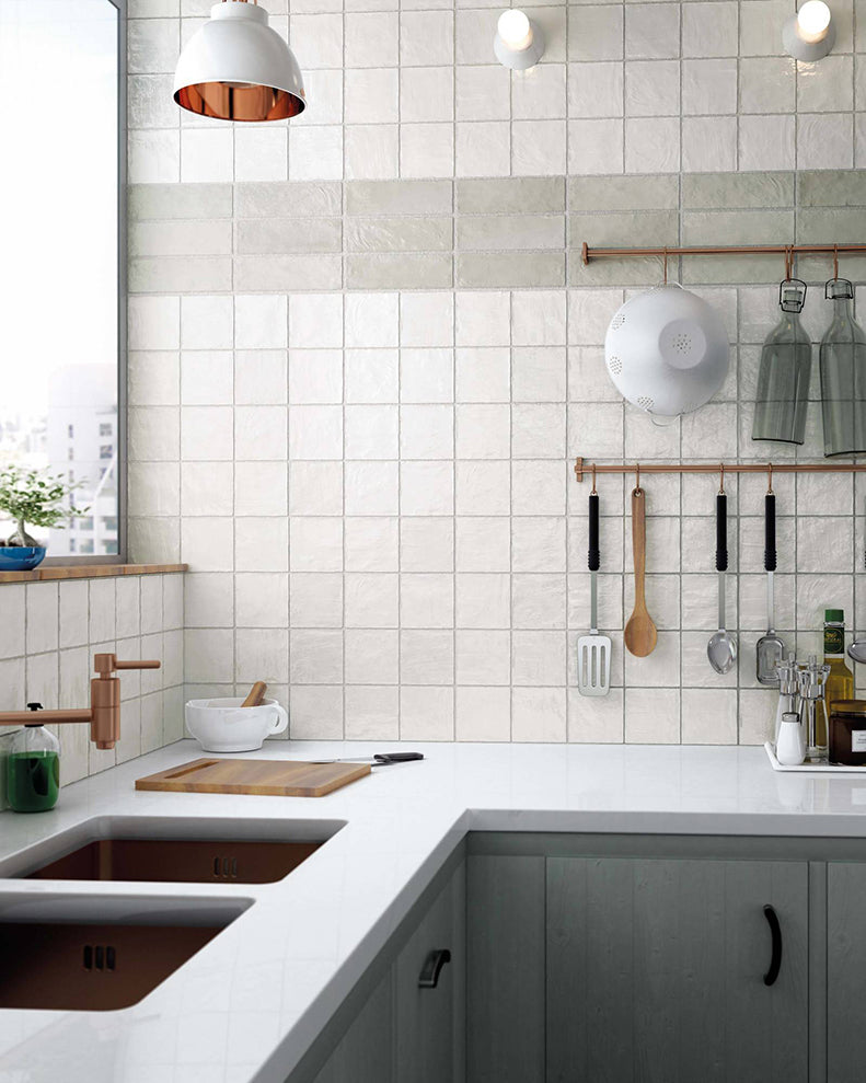 White Ceramic Square Kitchen Tiles for a Zellige Effect with Minimalist Design